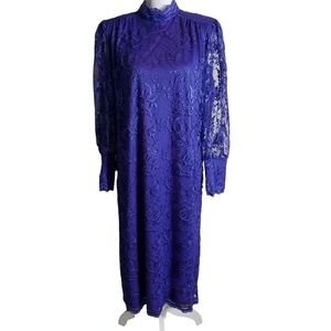 Purple Floral Lace Overlay Dress Sz L ? Mandarin Collar Sheer Sleeves Victorian